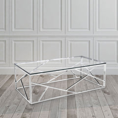 Coffee Table in Clear Tempered Glass with Silver Stainless Steel Base