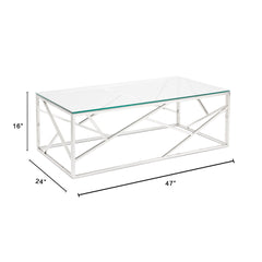 Coffee Table in Clear Tempered Glass with Silver Stainless Steel Base