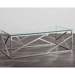 Coffee Table in Clear Tempered Glass with Silver Stainless Steel Base