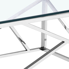 Coffee Table in Clear Tempered Glass with Silver Stainless Steel Base