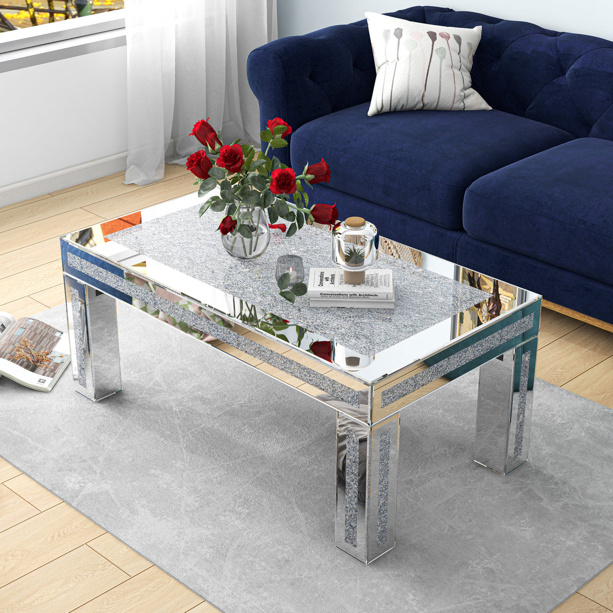 Coffee Table in Mirrored Glass with Crushed Diamond Inlay, Silver