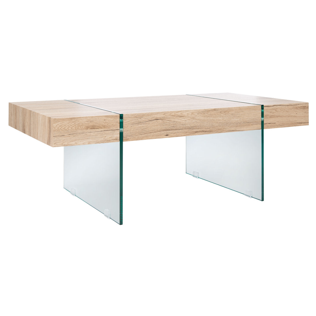 Coffee Table in Natural Manufactured Wood with Clear Glass Base