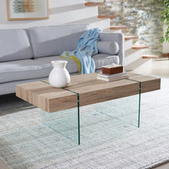 Coffee Table in Natural Manufactured Wood with Clear Glass Base