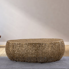 Coffee Table in Solid Aluminum with Cutout Drum Base, Gold