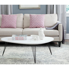 Coffee Table, Kidney-Shaped, White Manufactured Wood Top with Black Iron Legs