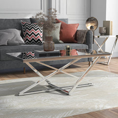 Coffee Table, Mirrored Glass Top with Silver Steel Base