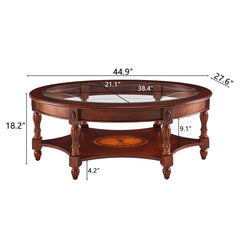 Coffee Table, Oval Glass Top, Brown Rubberwood Base