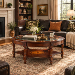 Coffee Table, Oval Glass Top, Brown Rubberwood Base