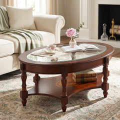 Coffee Table, Oval Glass Top, Brown Rubberwood Base