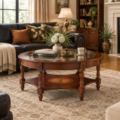 Coffee Table, Oval Glass Top, Brown Rubberwood Base