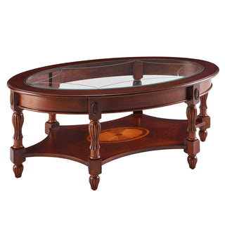 Coffee Table, Oval Glass Top, Brown Rubberwood Base