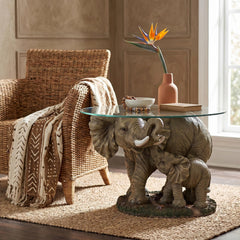 Coffee Table, Oval Glass Top with Mother and Calf Resin Base, Gray