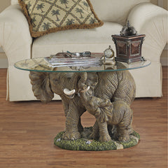 Coffee Table, Oval Glass Top with Mother and Calf Resin Base, Gray