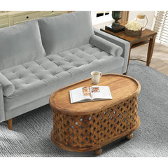Coffee Table, Oval Solid Mango Wood with Brown Finish