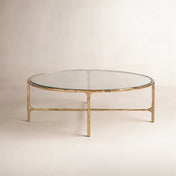 Coffee Table, Oval Tempered Glass Top with Brass Iron Cross Base