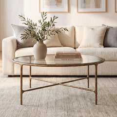 Coffee Table, Oval Tempered Glass Top with Brass Iron Cross Base