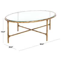 Coffee Table, Oval Tempered Glass Top with Brass Iron Cross Base