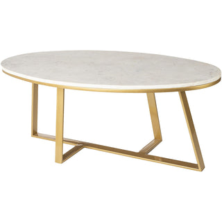 Coffee Table, Oval White Marble Top, Gold Iron X-Leg Pedestal Base