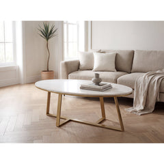 Coffee Table, Oval White Marble Top, Gold Iron X-Leg Pedestal Base