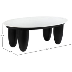 Coffee Table, Oval, White Marble Top with Black Solid Wood Base