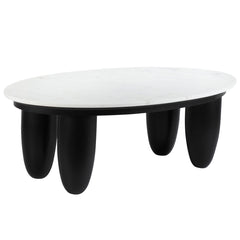 Coffee Table, Oval, White Marble Top with Black Solid Wood Base