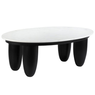 Coffee Table, Oval, White Marble Top with Black Solid Wood Base