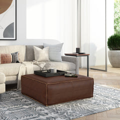 Coffee Table Pouf, 36 in Square with Distressed Dark Brown Faux Leather