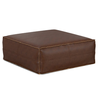 Coffee Table Pouf, 36 in Square with Distressed Dark Brown Faux Leather