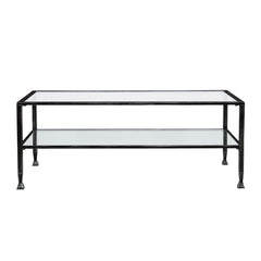 Coffee Table, Rectangular, Black Iron Frame with Clear Glass Shelves