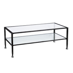 Coffee Table, Rectangular, Black Iron Frame with Clear Glass Shelves