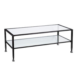 Coffee Table, Rectangular, Black Iron Frame with Clear Glass Shelves