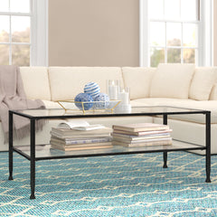 Coffee Table, Rectangular, Black Iron Frame with Clear Glass Shelves
