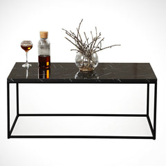Coffee Table, Rectangular, Black Marble Pattern Top with Metal Legs