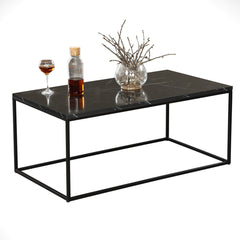 Coffee Table, Rectangular, Black Marble Pattern Top with Metal Legs
