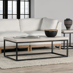 Coffee Table, Rectangular, White Wash Laminate Top with Black Iron Base