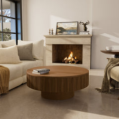 Coffee Table, Round, 35.04 in Wide, Brown with Grooved Relief Top