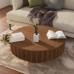 Coffee Table, Round, 35.04 in Wide, Brown with Grooved Relief Top