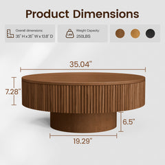 Coffee Table, Round, 35.04 in Wide, Brown with Grooved Relief Top