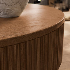 Coffee Table, Round, 35.04 in Wide, Brown with Grooved Relief Top