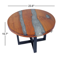 Coffee Table, Round, Brown Solid Wood and Resin with Black Base