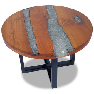 Coffee Table, Round, Brown Solid Wood and Resin with Black Base
