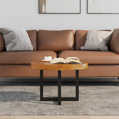 Coffee Table, Round, Brown Solid Wood and Resin with Black Base