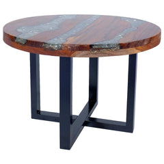 Coffee Table, Round, Brown Solid Wood and Resin with Black Base