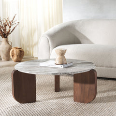 Coffee Table, Round Gray Marble Top, Walnut Solid Wood Base