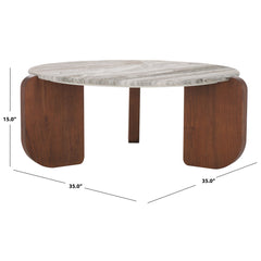 Coffee Table, Round Gray Marble Top, Walnut Solid Wood Base