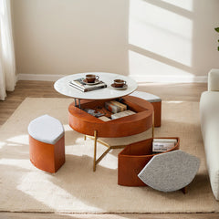 Coffee Table, Round Lift-Top with Storage, White Top, Gold Base
