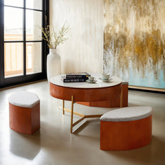 Coffee Table, Round Lift-Top with Storage, White Top, Gold Base
