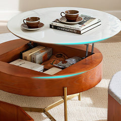 Coffee Table, Round Lift-Top with Storage, White Top, Gold Base