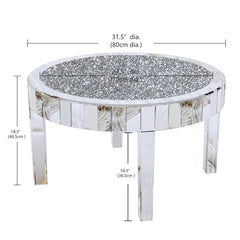 Coffee Table, Round, Silver Mirrored Glass with Crushed Diamond Inlay