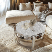 Coffee Table, Round, Silver Mirrored Glass with Crushed Diamond Inlay